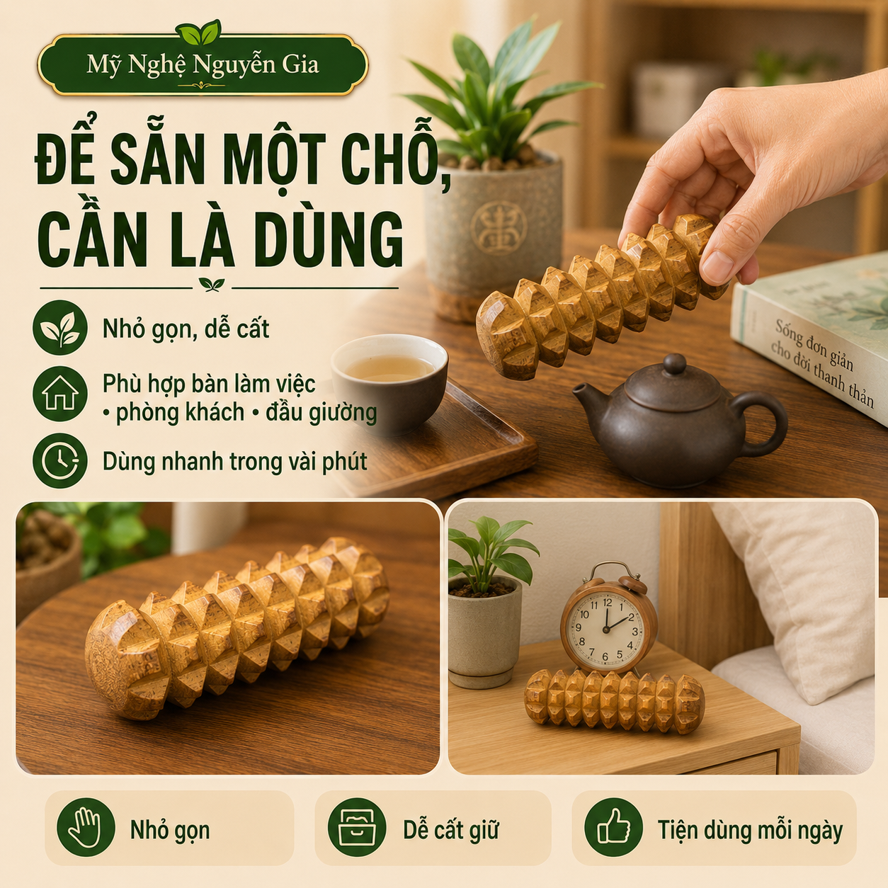 Dụng Cụ Massage Huyệt Đạo Lòng Bàn Tay Gỗ Bách Xanh Hình Quả Thông