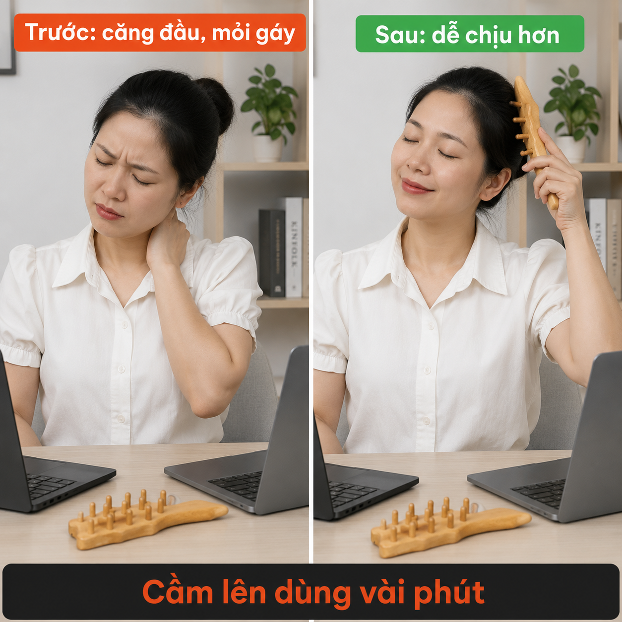 Lược Massage Đầu Gỗ Bách Xanh 11 Răng – Dụng Cụ Massage Da Đầu