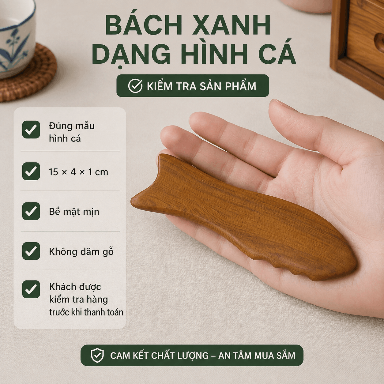 Miếng Cạo Gió Gỗ Bách Xanh Hình Cá - Miết Cho Vùng Căng Nặng Dễ Chịu Hơn