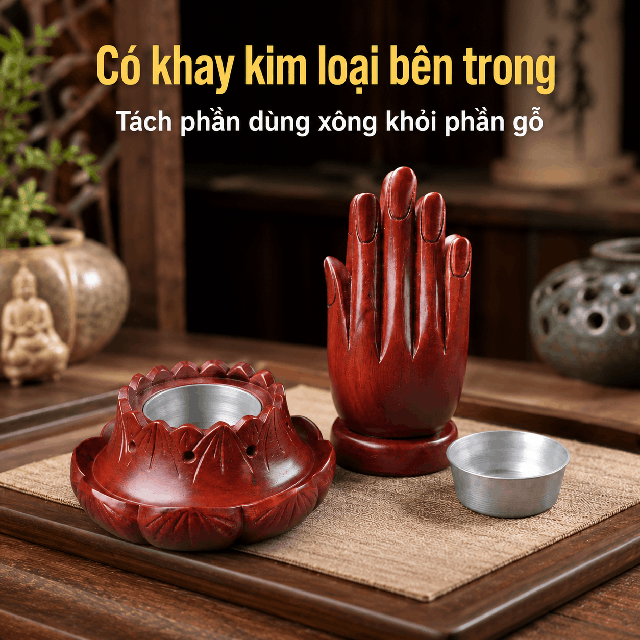Bàn Tay Phật Xông Hương Gỗ Xà Cừ Cỡ Lớn 16 cm