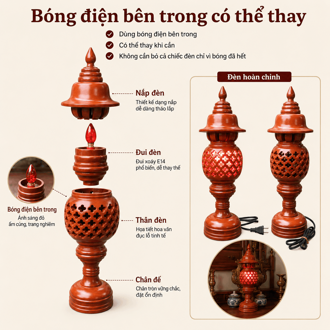Đèn Thờ Trái Thơm Gỗ Xà Cừ Cao 36 cm
