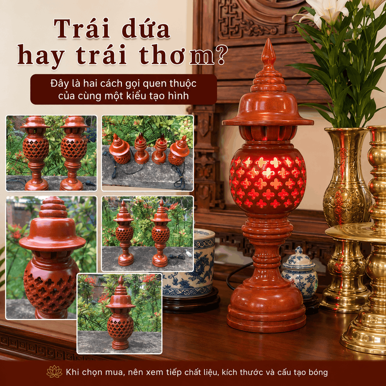Đèn Thờ Trái Thơm Gỗ Xà Cừ Cao 36 cm