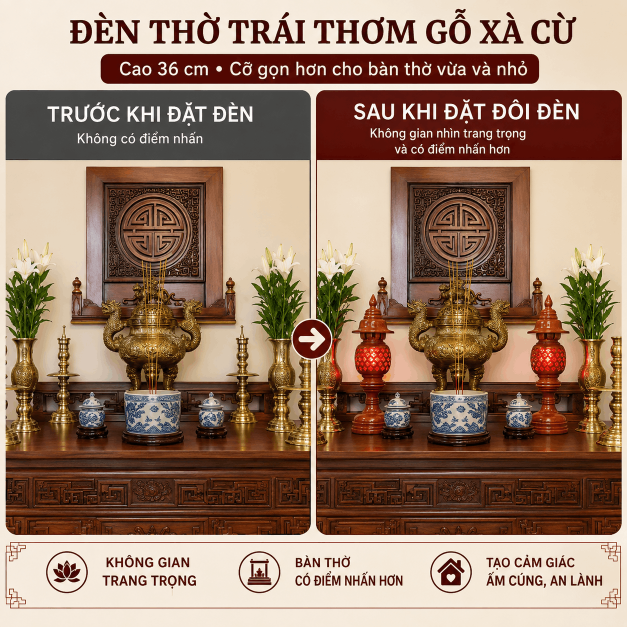 Đèn Thờ Trái Thơm Gỗ Xà Cừ Cao 36 cm