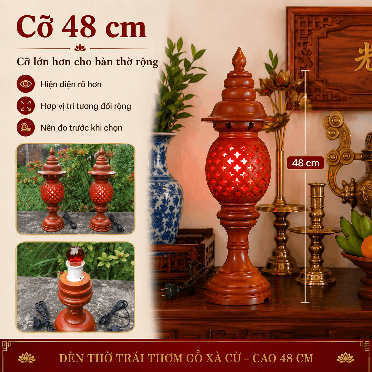Đèn Thờ Trái Thơm Gỗ Xà Cừ Cao 48 cm