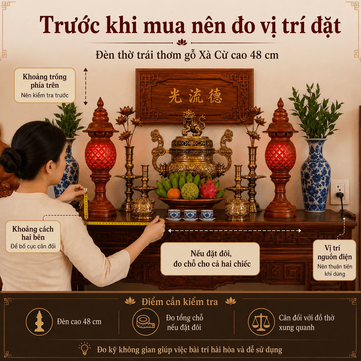 Đèn Thờ Trái Thơm Gỗ Xà Cừ Cao 48 cm