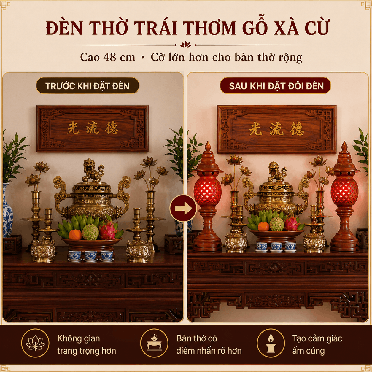 Đèn Thờ Trái Thơm Gỗ Xà Cừ Cao 48 cm