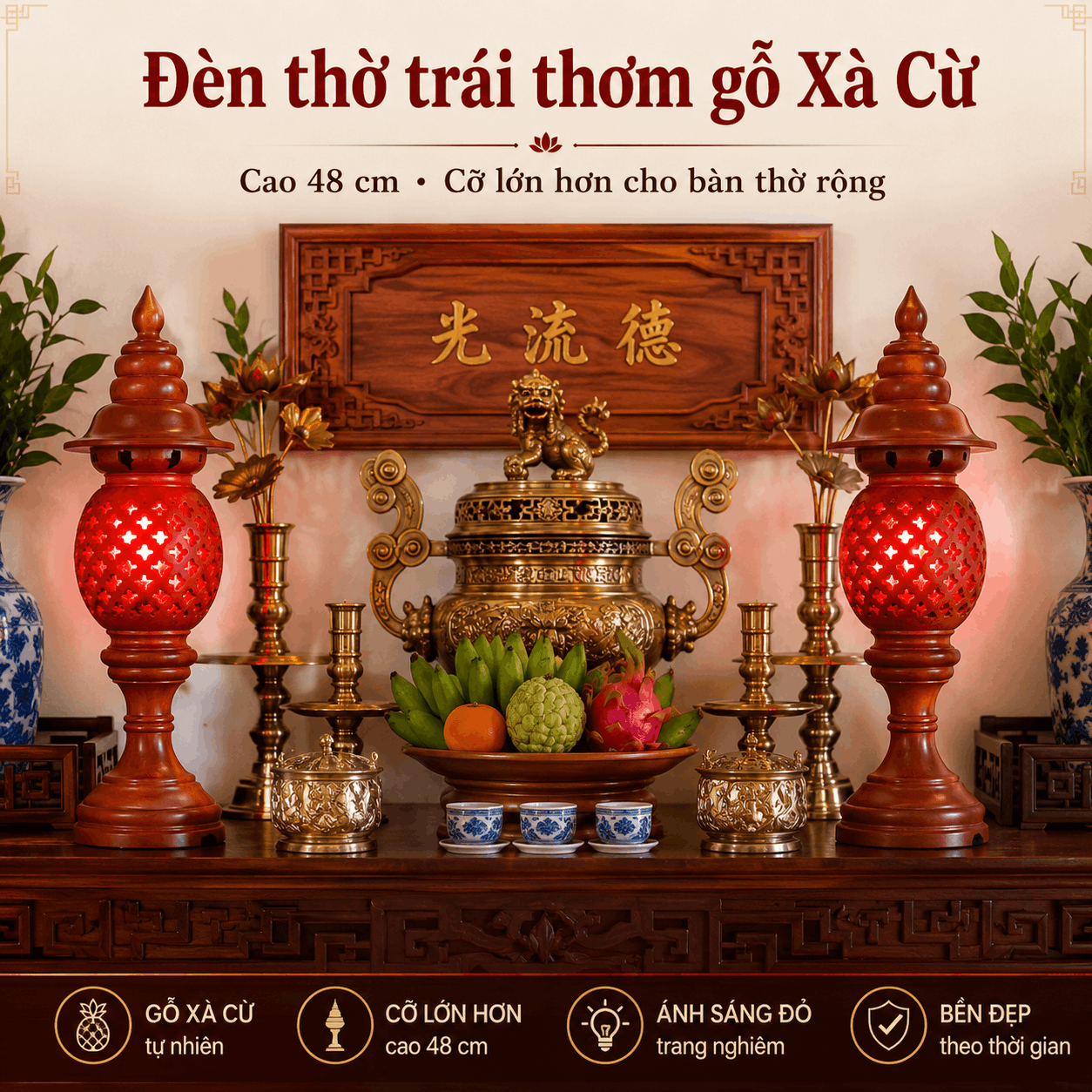 Đèn Thờ Trái Thơm Gỗ Xà Cừ Cao 48 cm