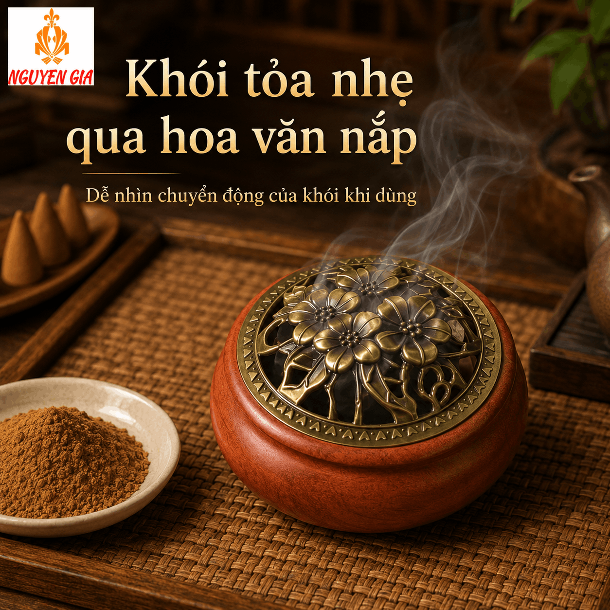 Lư Xông Trầm Gỗ Hương Hoa Mai – Khói Tỏa Qua Hoa Văn Nắp