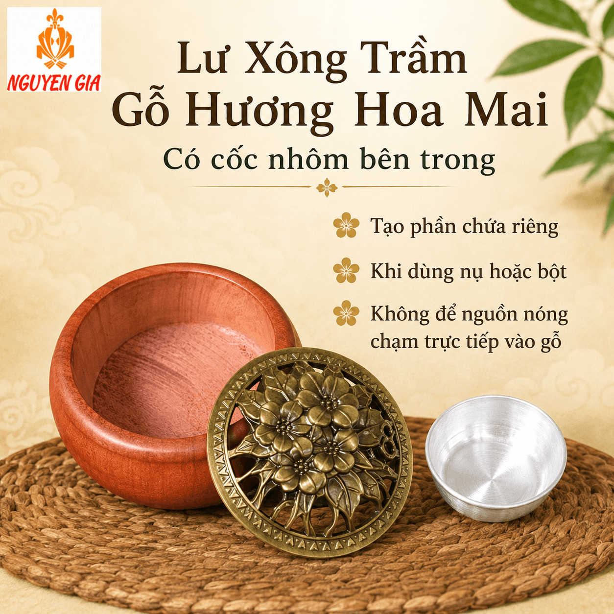Lư Xông Trầm Gỗ Hương Hoa Mai – Khói Tỏa Qua Hoa Văn Nắp