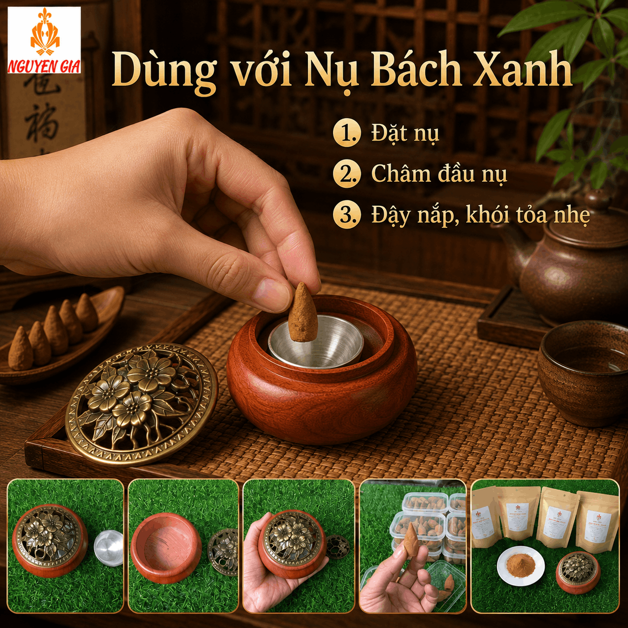 Lư Xông Trầm Gỗ Hương Hoa Mai – Khói Tỏa Qua Hoa Văn Nắp