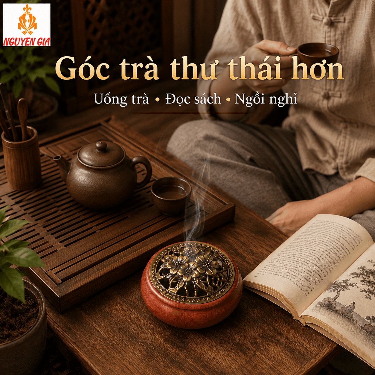 Lư Xông Trầm Gỗ Hương Hoa Mai – Khói Tỏa Qua Hoa Văn Nắp
