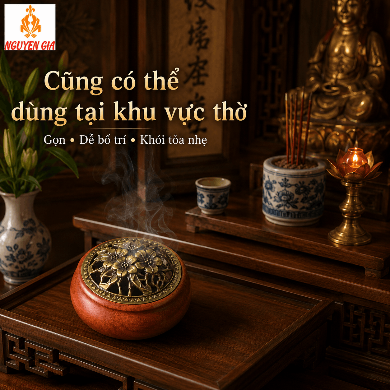 Lư Xông Trầm Gỗ Hương Hoa Mai – Khói Tỏa Qua Hoa Văn Nắp