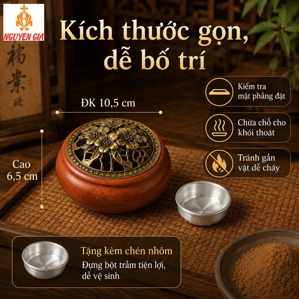 Lư Xông Trầm Gỗ Hương Hoa Mai – Khói Tỏa Qua Hoa Văn Nắp
