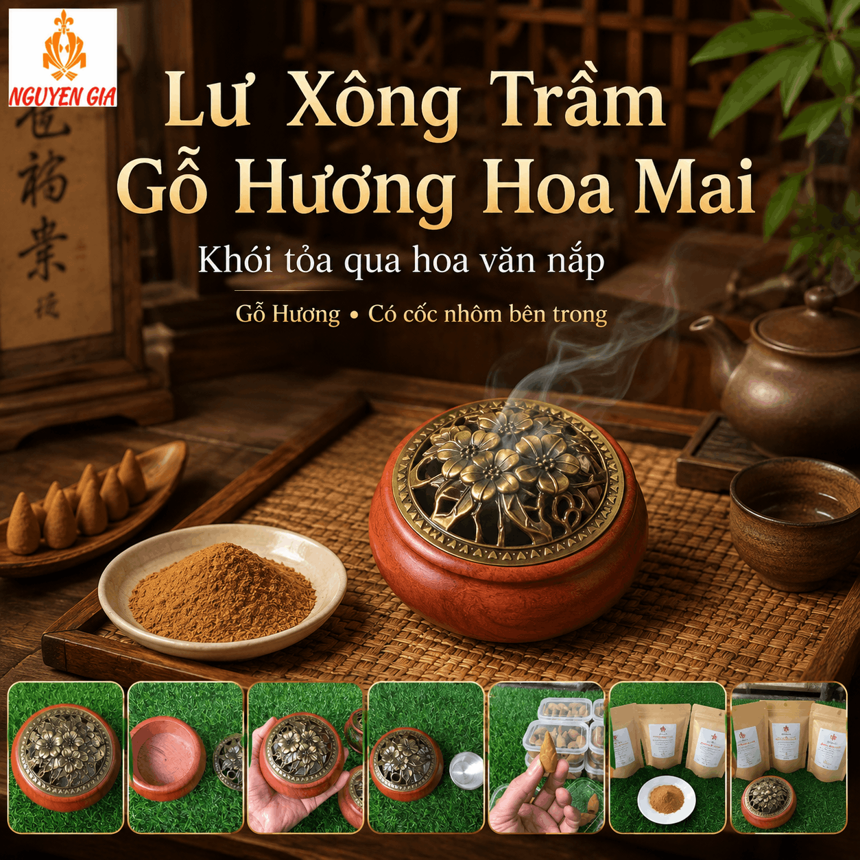 Lư Xông Trầm Gỗ Hương Hoa Mai – Khói Tỏa Qua Hoa Văn Nắp