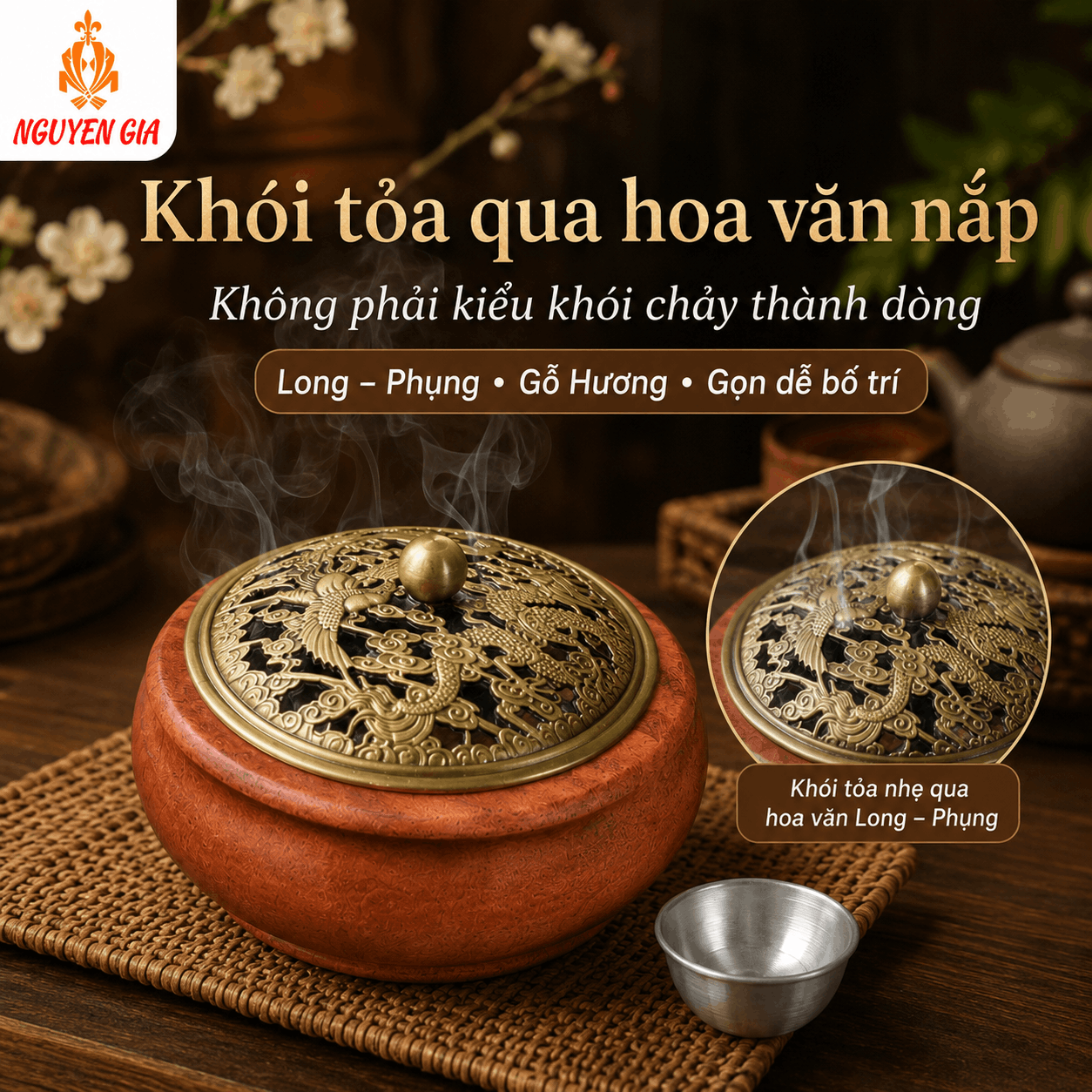 Lư Xông Trầm Gỗ Hương Long Phụng – Khói Tỏa Qua Hoa Văn Nắp