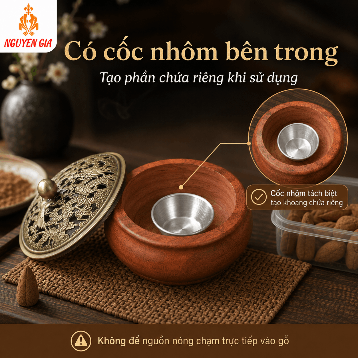 Lư Xông Trầm Gỗ Hương Long Phụng – Khói Tỏa Qua Hoa Văn Nắp