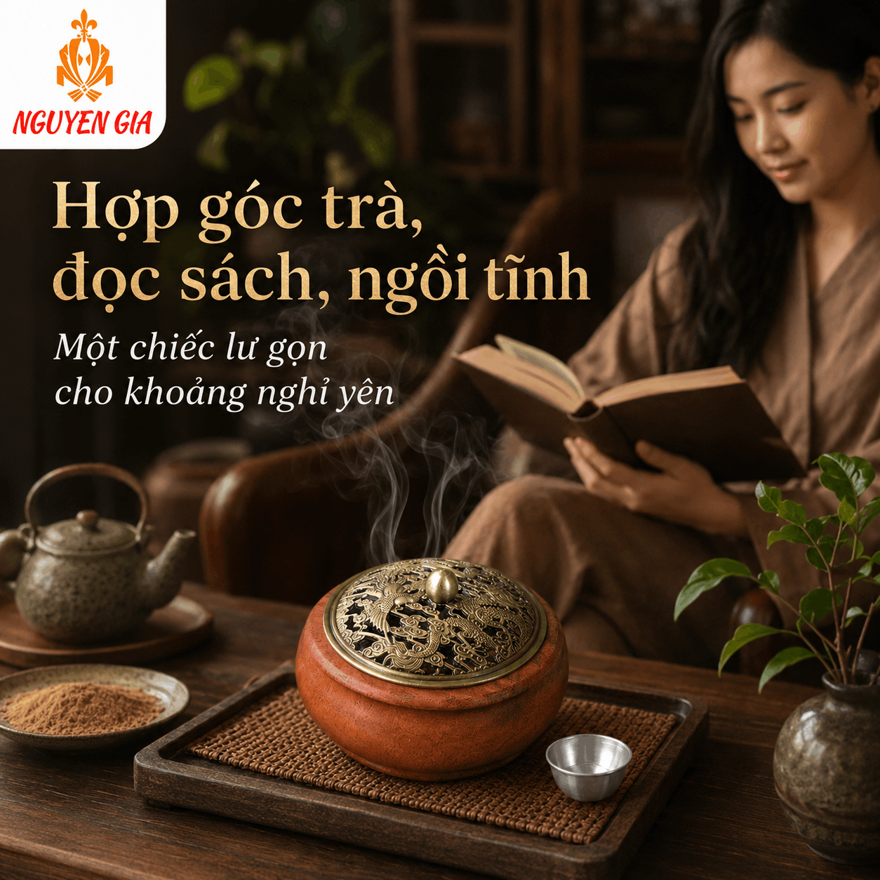 Lư Xông Trầm Gỗ Hương Long Phụng – Khói Tỏa Qua Hoa Văn Nắp