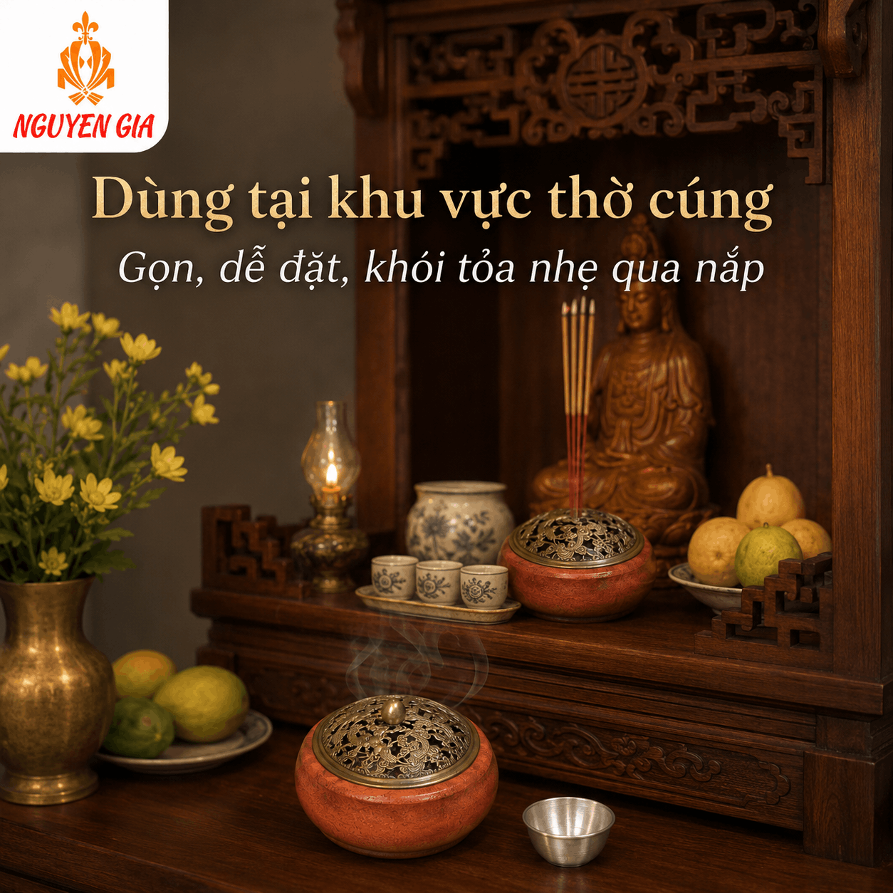 Lư Xông Trầm Gỗ Hương Long Phụng – Khói Tỏa Qua Hoa Văn Nắp