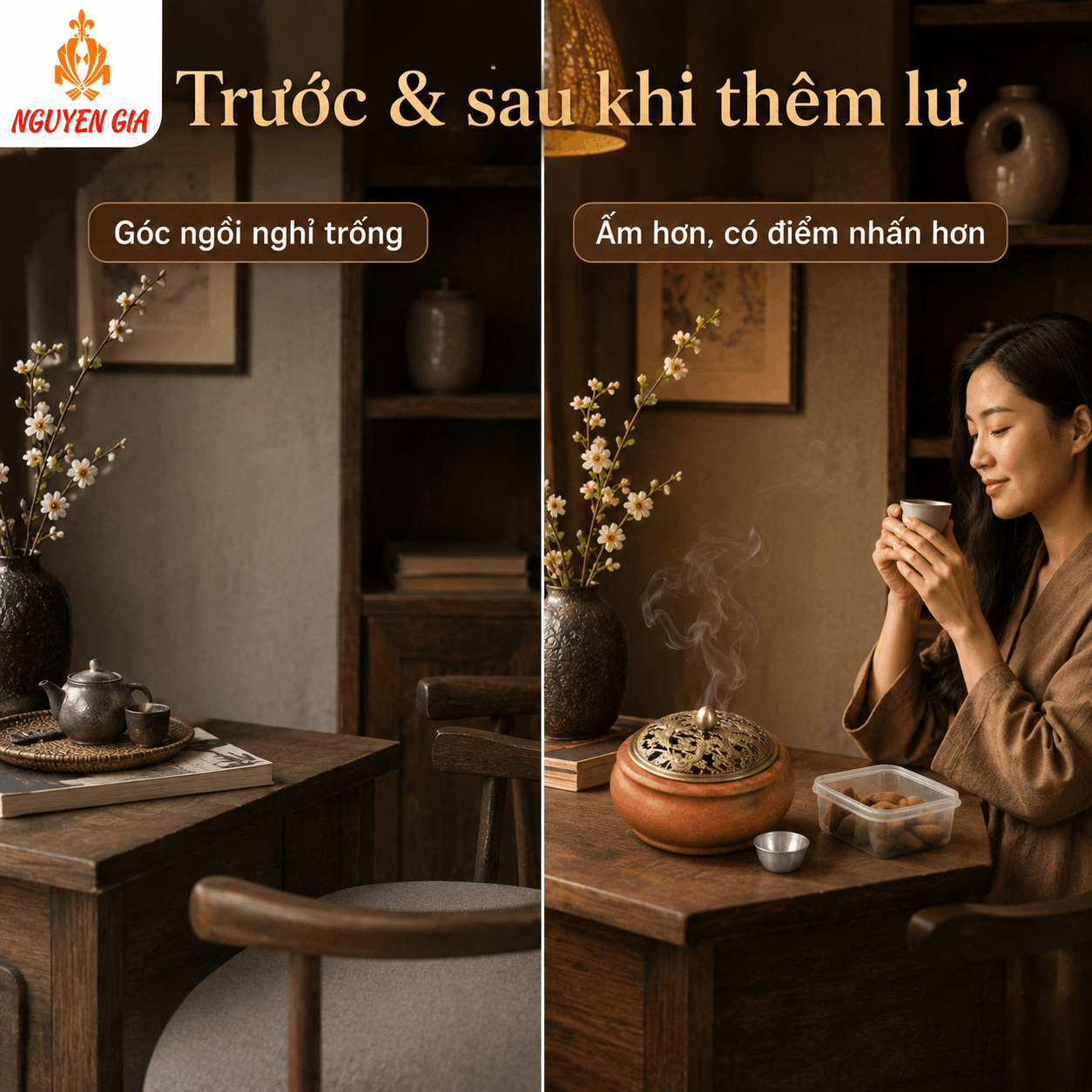 Lư Xông Trầm Gỗ Hương Long Phụng – Khói Tỏa Qua Hoa Văn Nắp
