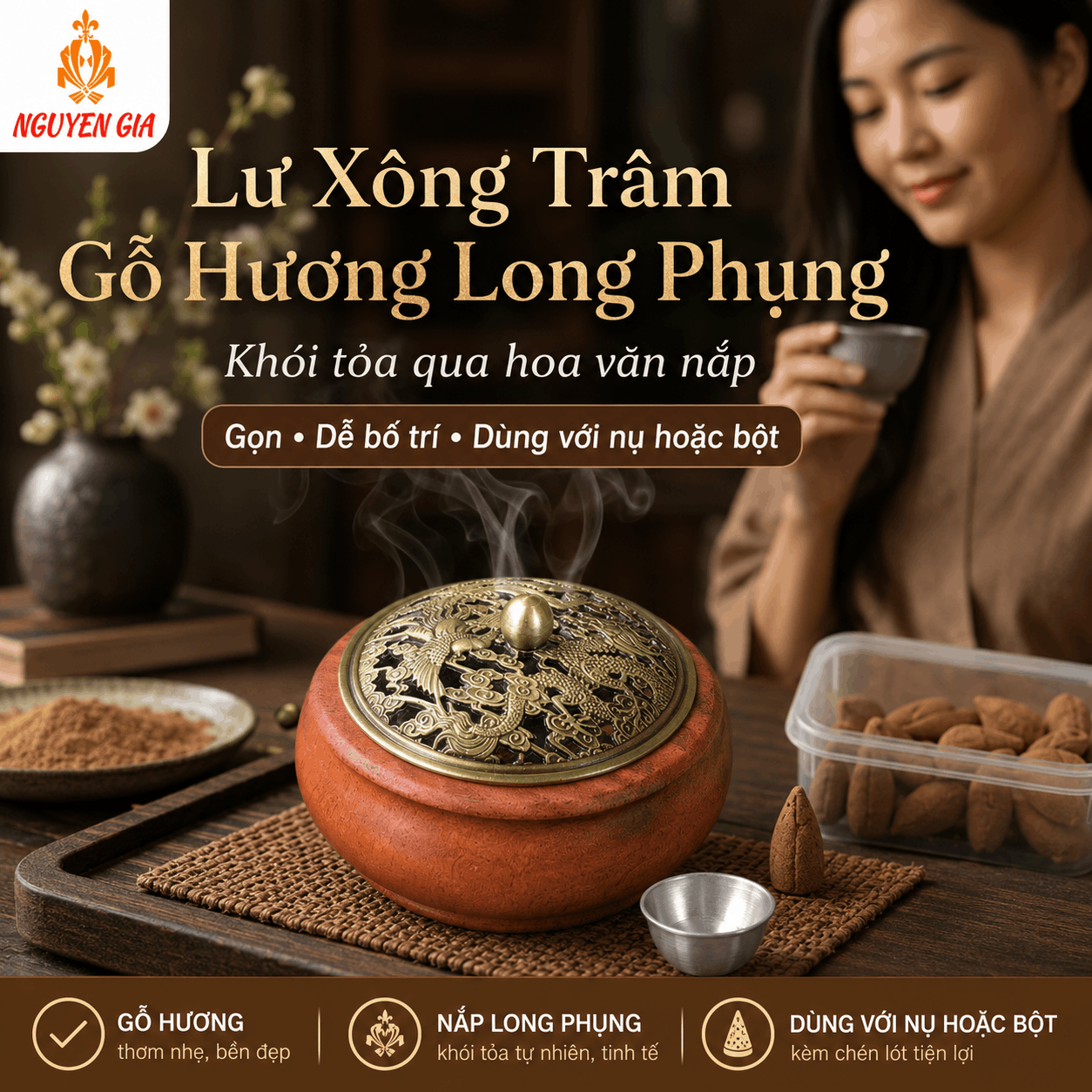 Lư Xông Trầm Gỗ Hương Long Phụng – Khói Tỏa Qua Hoa Văn Nắp