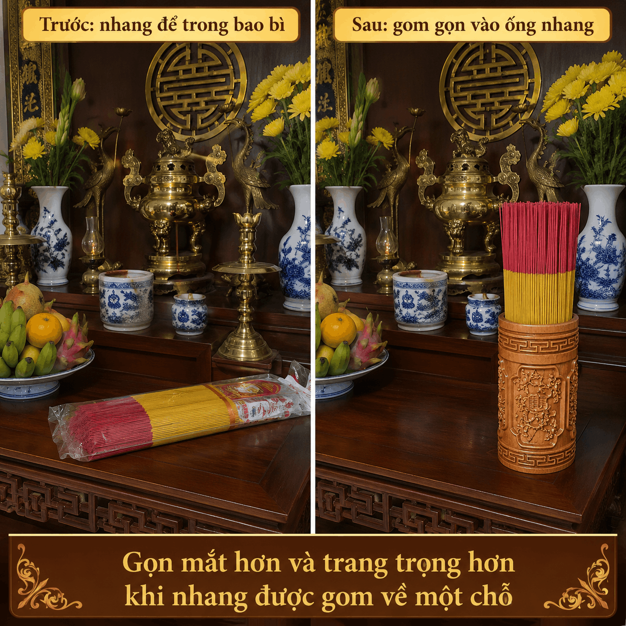 Ống Đựng Nhang Gỗ Bách Vàng (Bách Xanh Nghệ An) – Chạm Tứ Quý