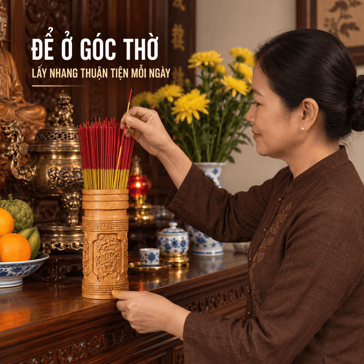 Ống Đựng Nhang Gỗ Bách Vàng (Bách Xanh Nghệ An) – Chạm Tứ Quý