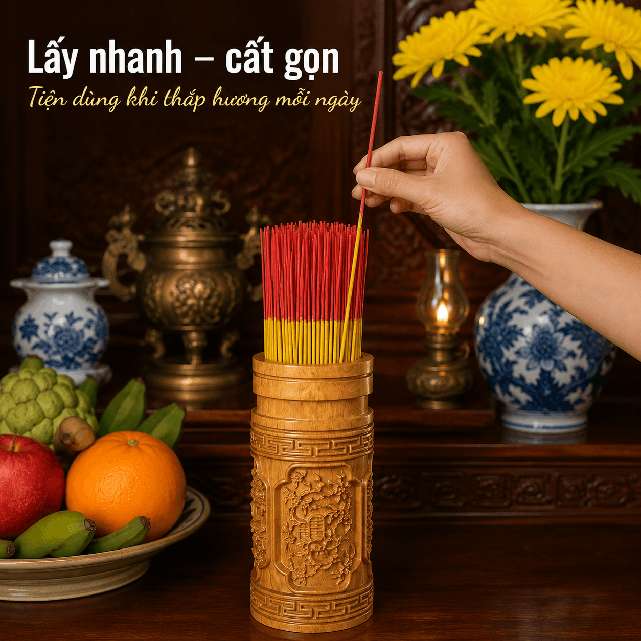 Ống Đựng Nhang Gỗ Bách Vàng (Bách Xanh Nghệ An) – Chạm Tứ Quý