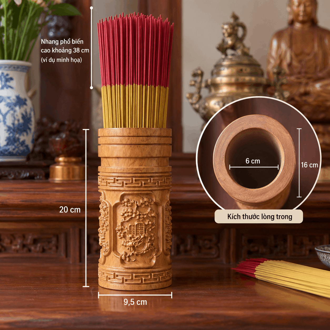 Ống Đựng Nhang Gỗ Bách Vàng (Bách Xanh Nghệ An) – Chạm Tứ Quý