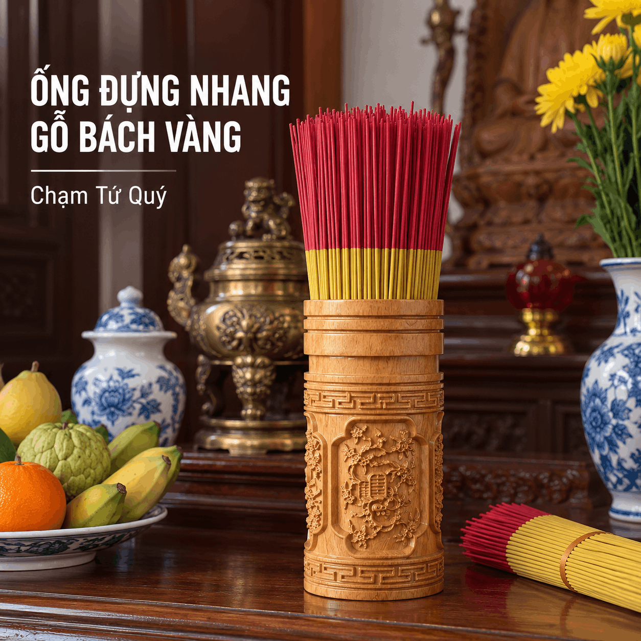 Ống Đựng Nhang Gỗ Bách Vàng (Bách Xanh Nghệ An) – Chạm Tứ Quý