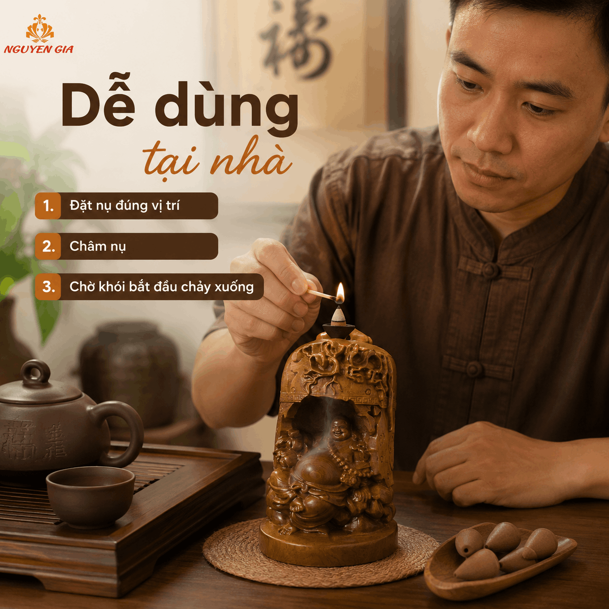 Thác Khói Di Lặc Gỗ Bách Xanh – Hiệu Ứng Khói Chảy Xuống