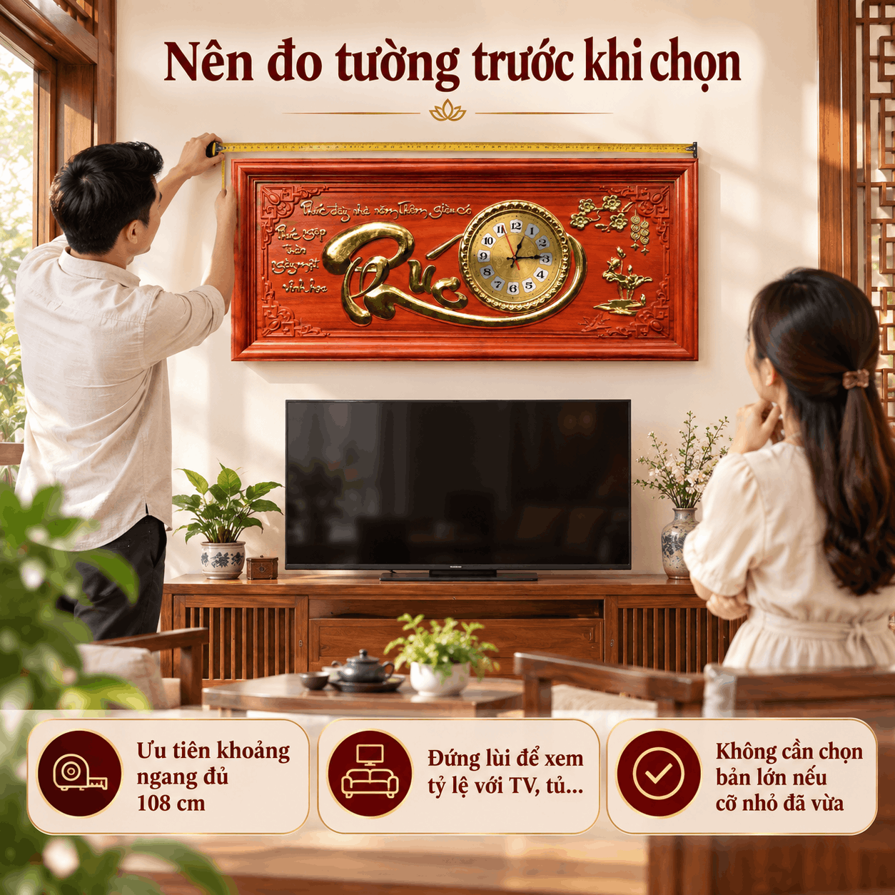 Đồng hồ treo tường chữ Phúc bằng gỗ hương (Cỡ Lớn)