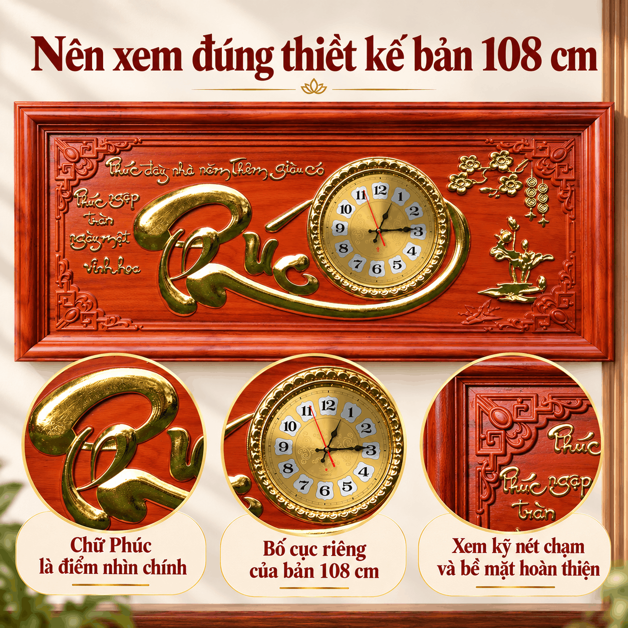 Đồng hồ treo tường chữ Phúc bằng gỗ hương (Cỡ Lớn)