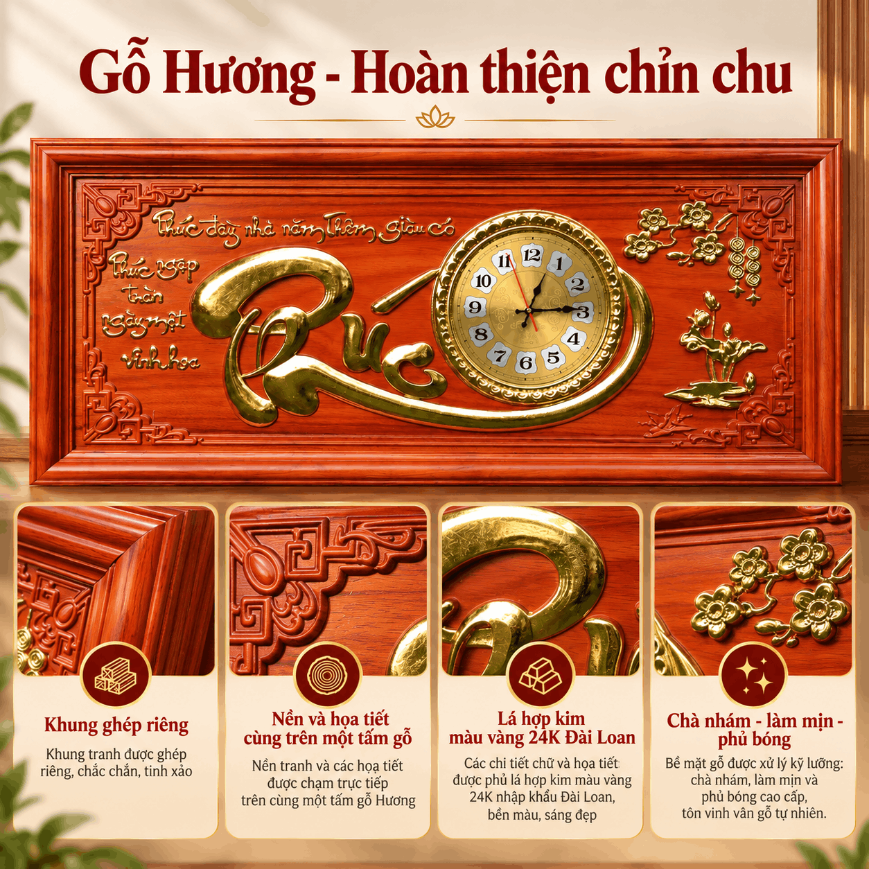 Đồng hồ treo tường chữ Phúc bằng gỗ hương (Cỡ Lớn)
