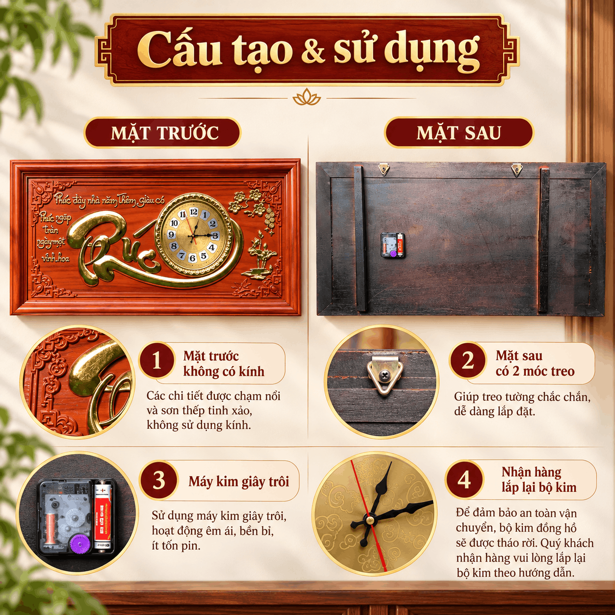 Đồng hồ treo tường chữ Phúc bằng gỗ hương (Cỡ Lớn)
