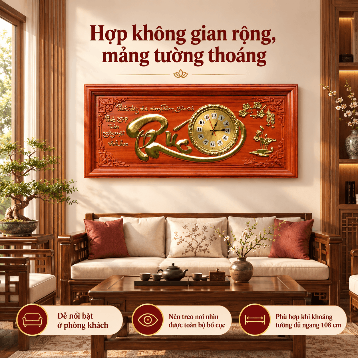 Đồng hồ treo tường chữ Phúc bằng gỗ hương (Cỡ Lớn)
