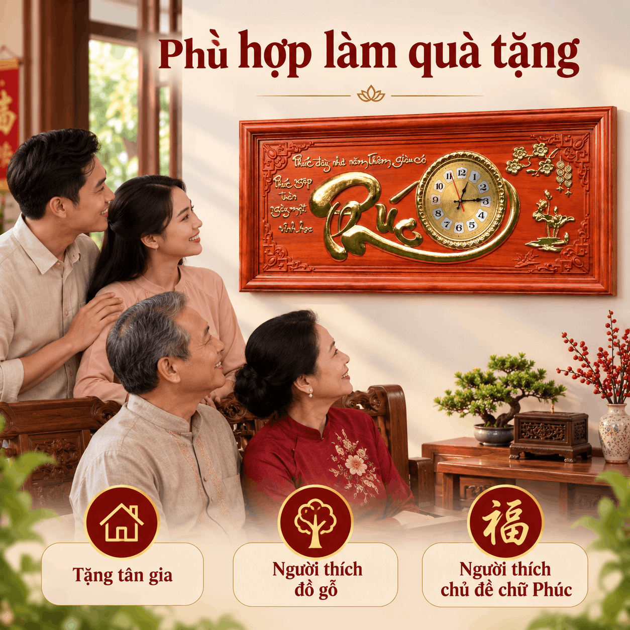 Đồng hồ treo tường chữ Phúc bằng gỗ hương (Cỡ Lớn)