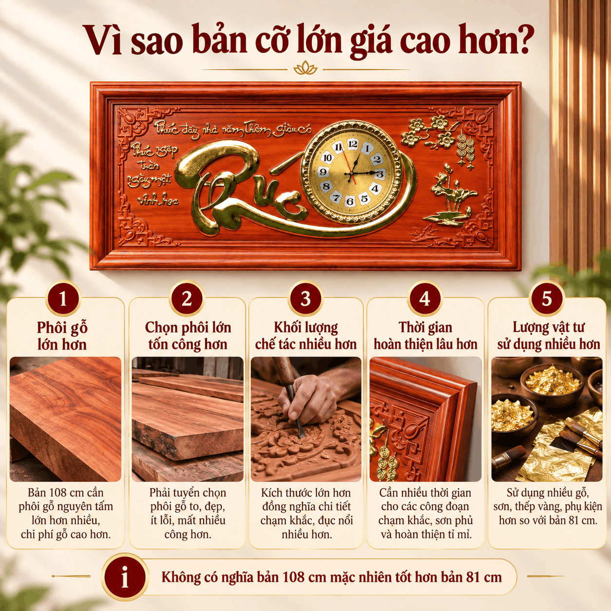 Đồng hồ treo tường chữ Phúc bằng gỗ hương (Cỡ Lớn)