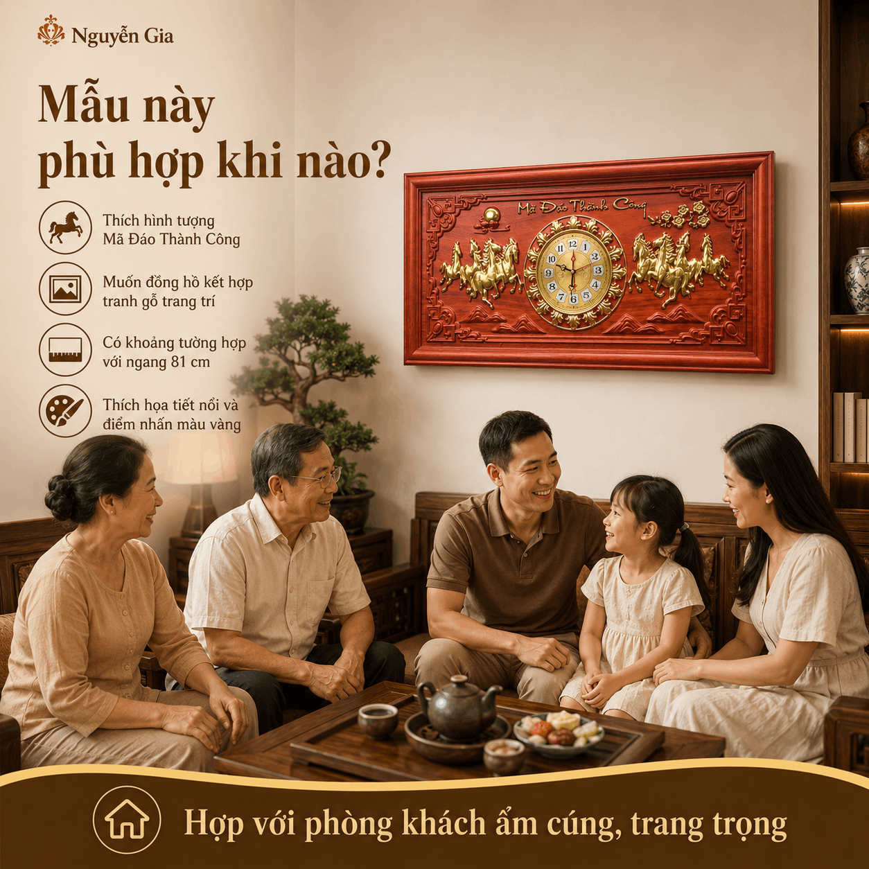 Đồng Hồ Gỗ Mã Đáo Thành Công 81 × 41 cm