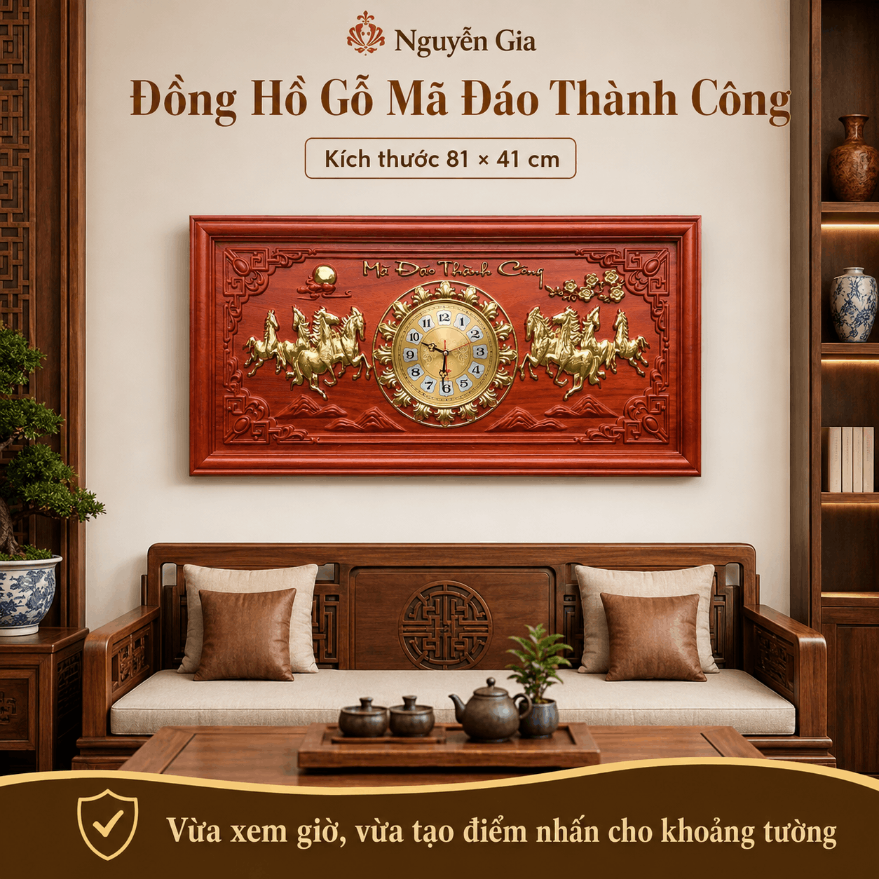 Đồng Hồ Gỗ Mã Đáo Thành Công 81 × 41 cm
