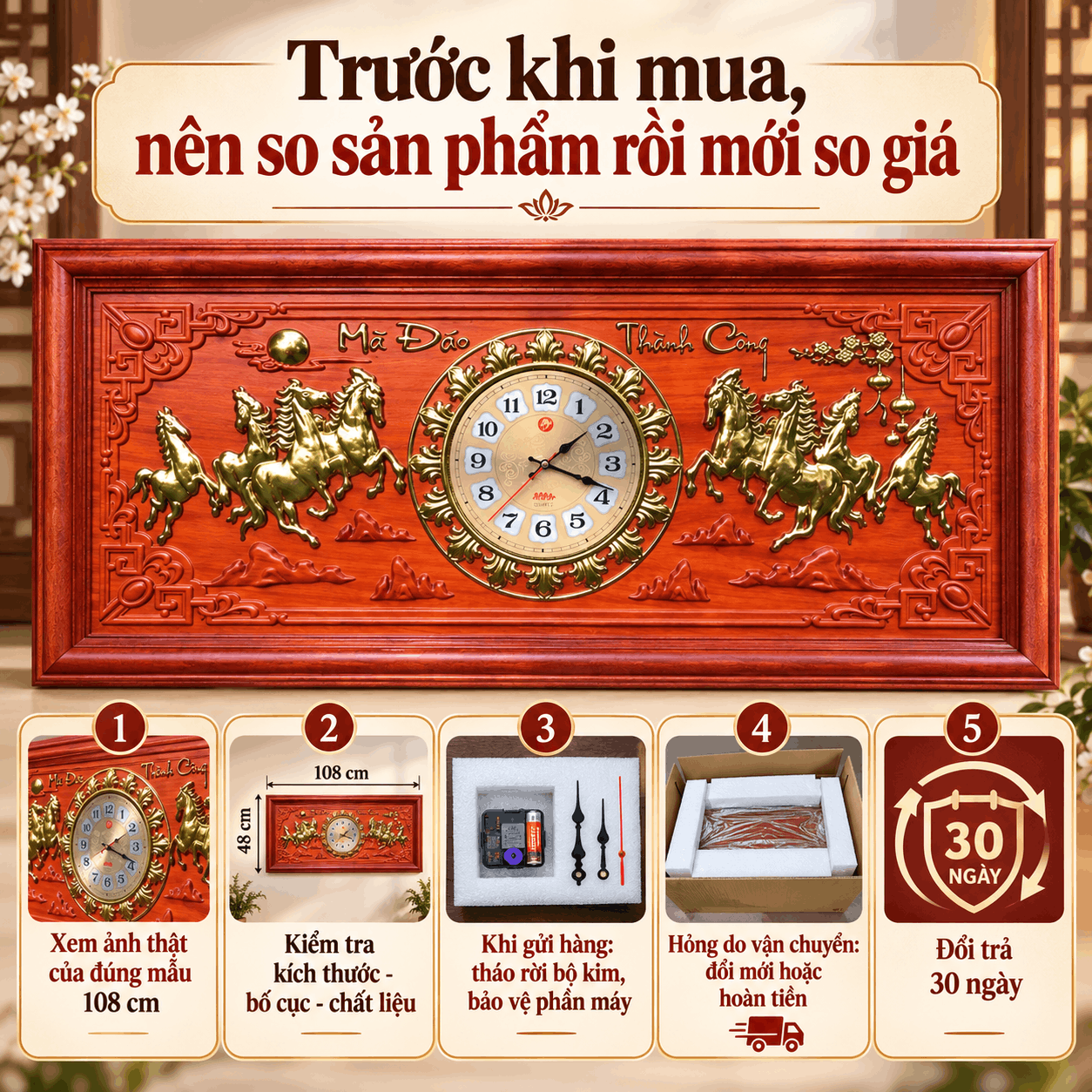 Đồng hồ treo tường mã đáo thành công (Cỡ Lớn)