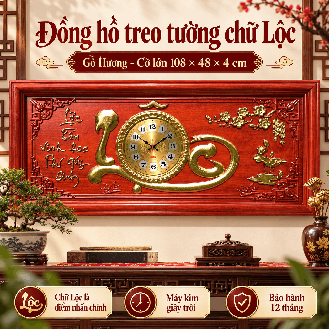 Đồng hồ treo tường chữ Lộc (Cỡ Lớn)