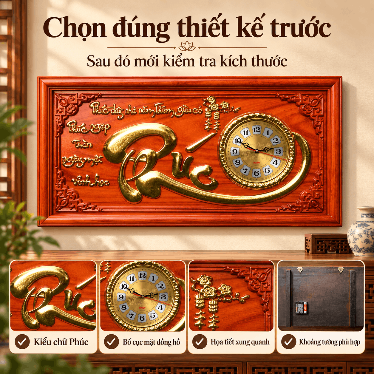 Đồng hồ treo tường chữ Phúc bằng gỗ hương
