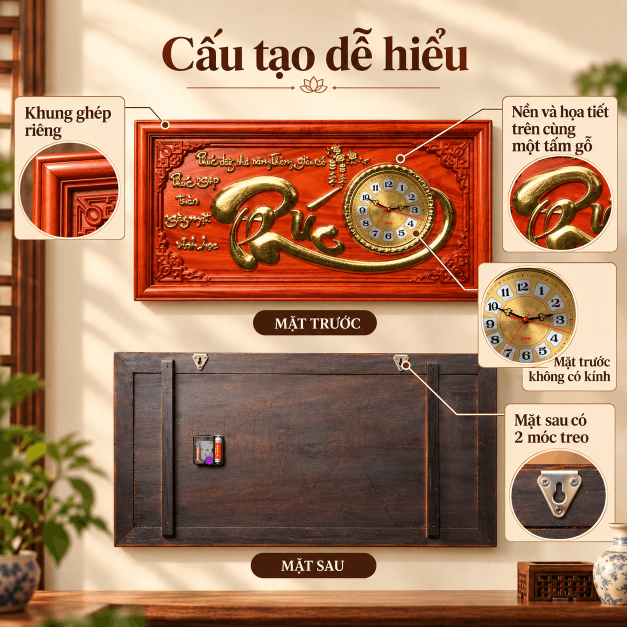 Đồng hồ treo tường chữ Phúc bằng gỗ hương