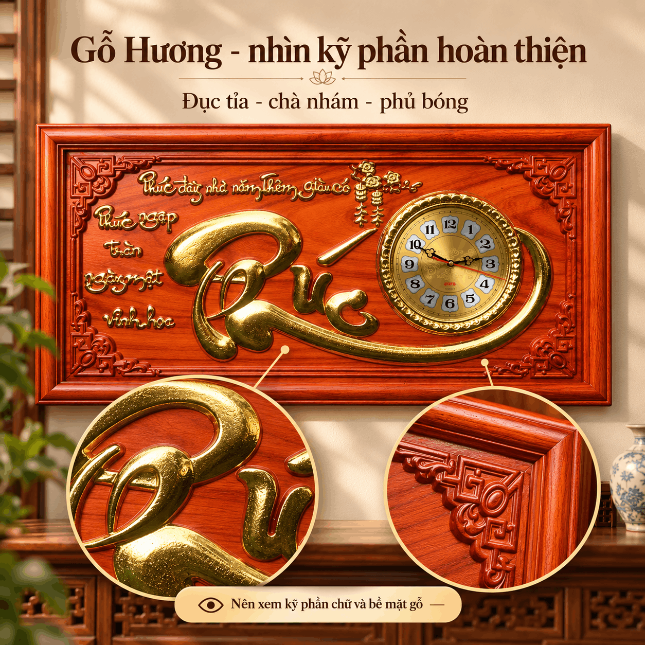 Đồng hồ treo tường chữ Phúc bằng gỗ hương