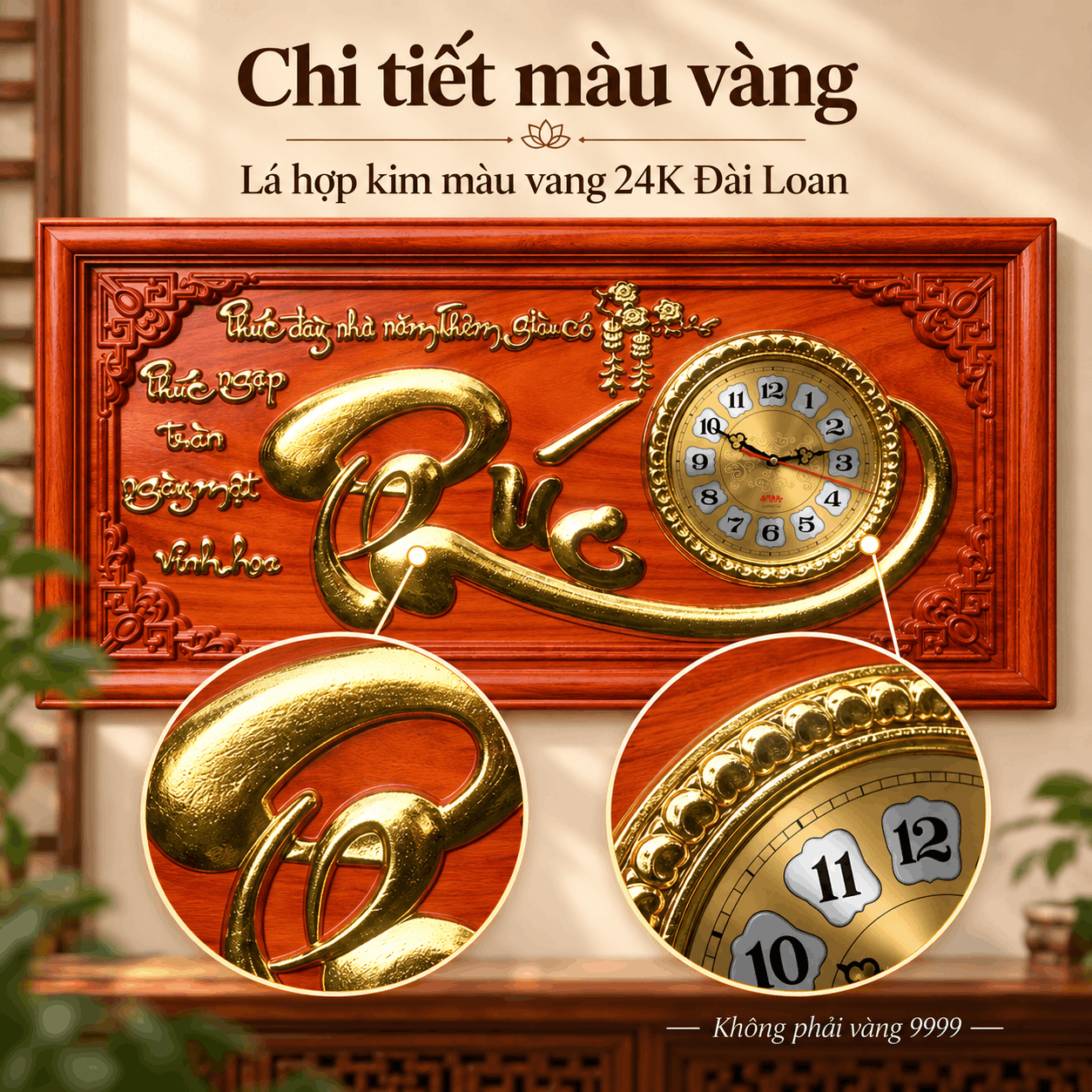 Đồng hồ treo tường chữ Phúc bằng gỗ hương