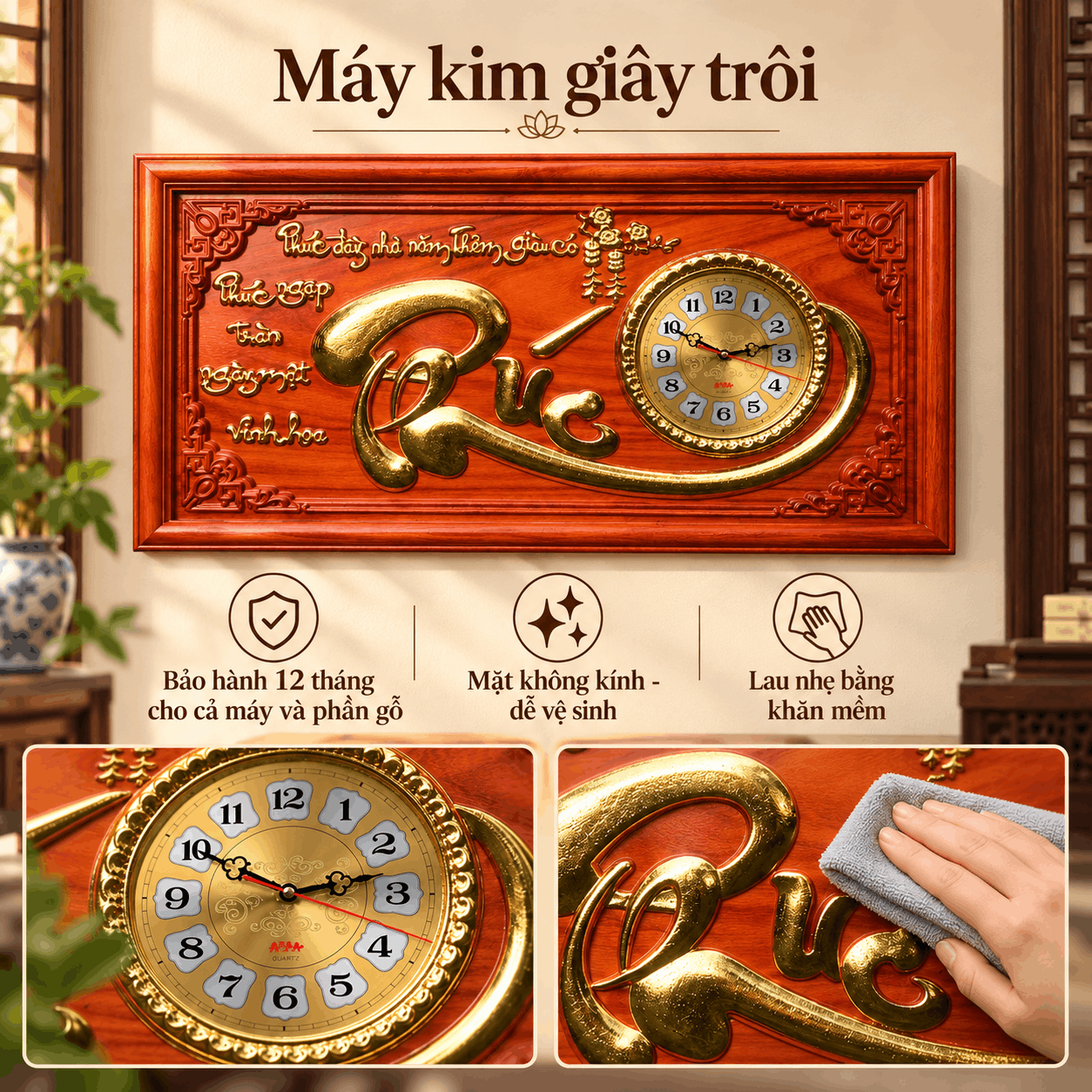 Đồng hồ treo tường chữ Phúc bằng gỗ hương