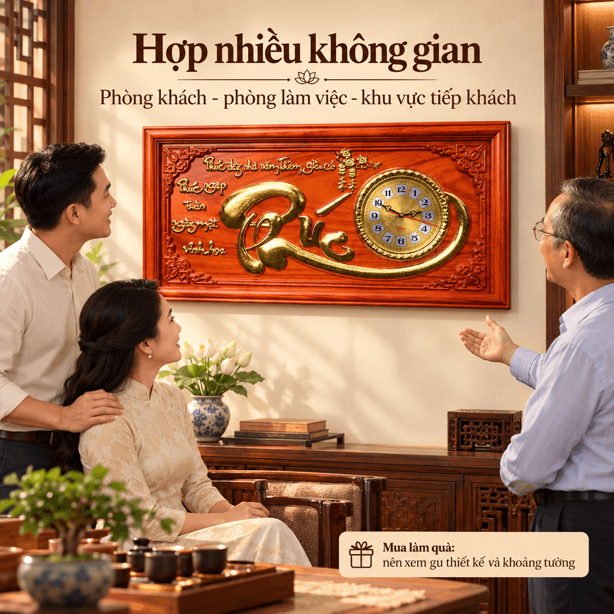 Đồng hồ treo tường chữ Phúc bằng gỗ hương