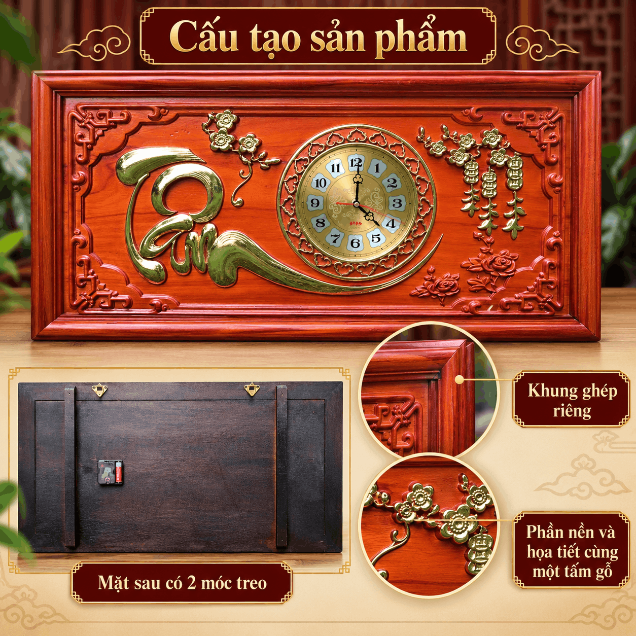 Đồng hồ treo tường chữ Tâm bằng gỗ Hương