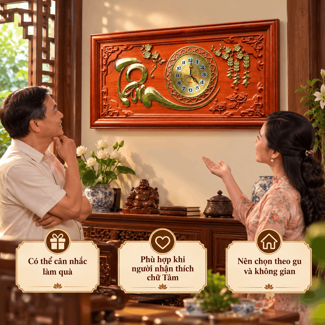Đồng hồ treo tường chữ Tâm bằng gỗ Hương