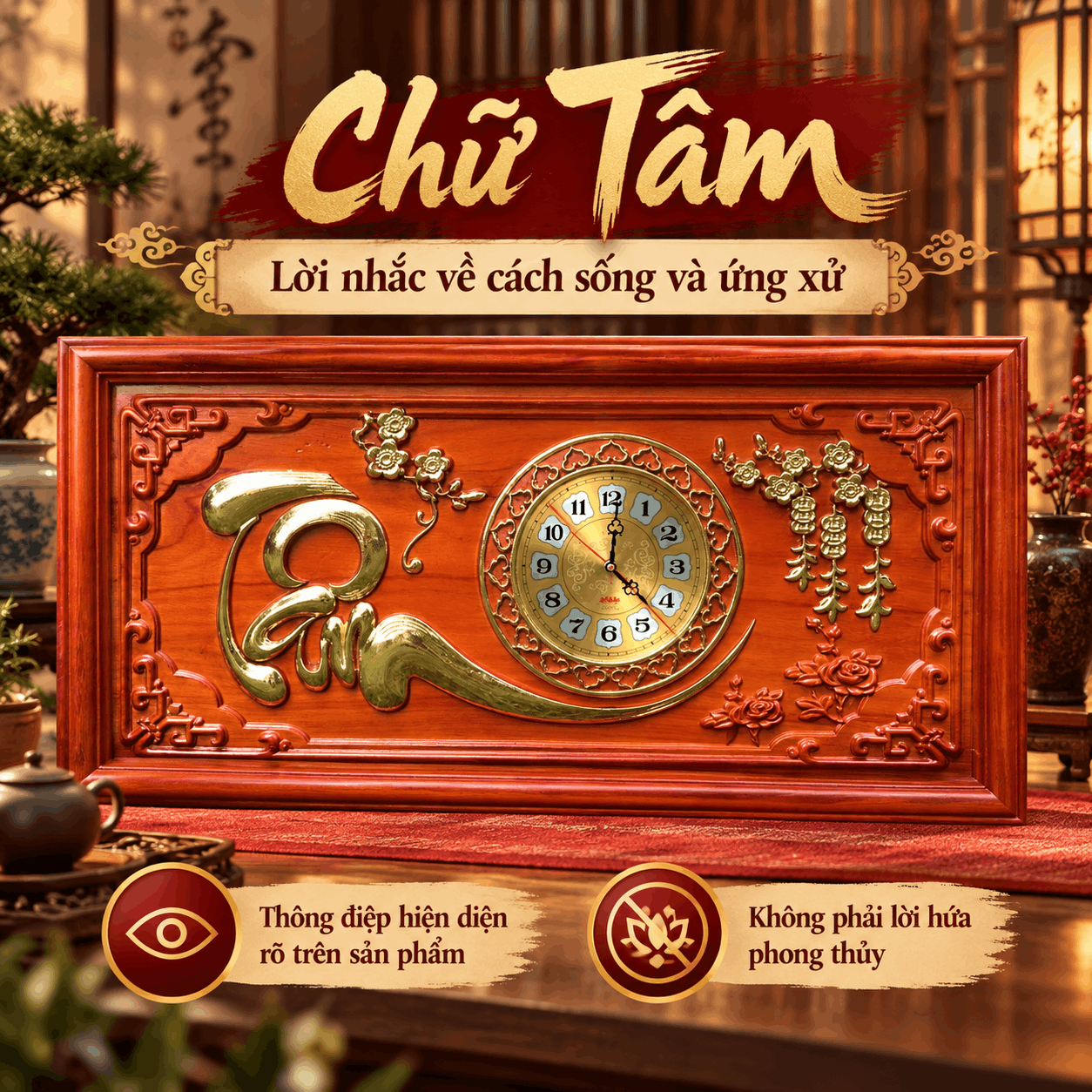 Đồng hồ treo tường chữ Tâm bằng gỗ Hương